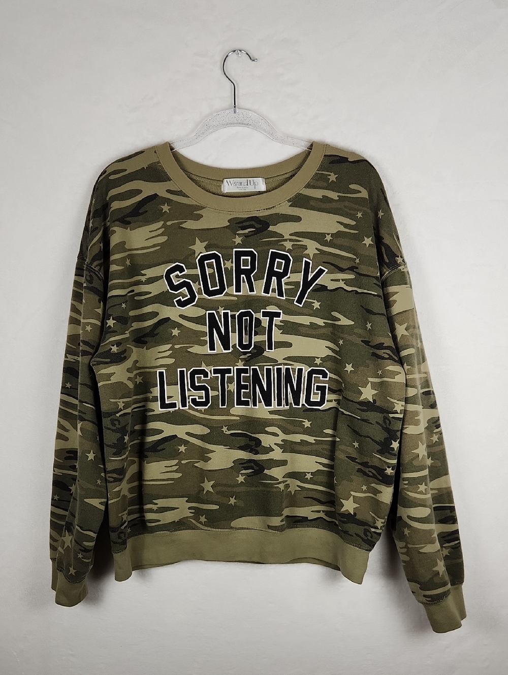 Wound Up "Sorry Not Listening" Green Camo Sweatshirt with Stars